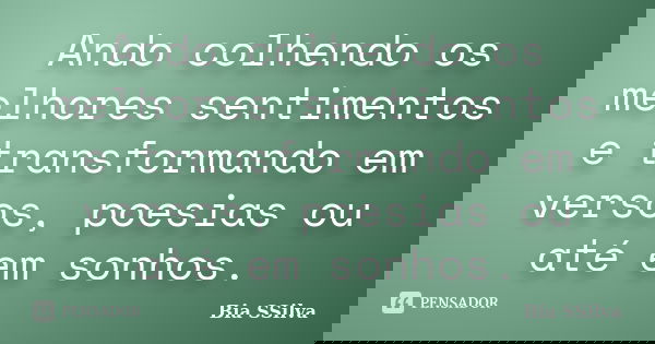 Ando colhendo os melhores sentimentos e transformando em versos, poesias ou até em sonhos.... Frase de Bia SSilva.