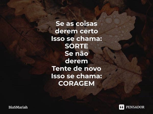 ⁠Se as coisas
derem certo
Isso se chama:
SORTE
Se não
derem
Tente de novo
Isso se chama:
CORAGEM... Frase de BiaSMariah.