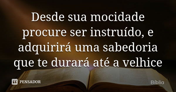 Desde sua mocidade procure ser instruído, e adquirirá uma sabedoria que te durará até a velhice... Frase de Bíblia.