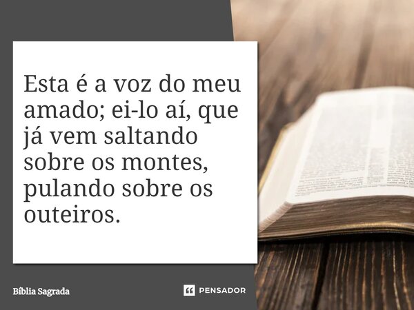 ⁠Esta é a voz do meu amado; ei-lo aí, que já vem saltando sobre os montes, pulando sobre os outeiros.... Frase de Bíblia Sagrada.