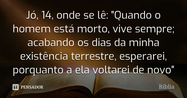 Jó, 14, onde se lê: "Quando o homem está morto, vive sempre; acabando os dias da minha existência terrestre, esperarei, porquanto a ela voltarei de novo&qu... Frase de biblia.