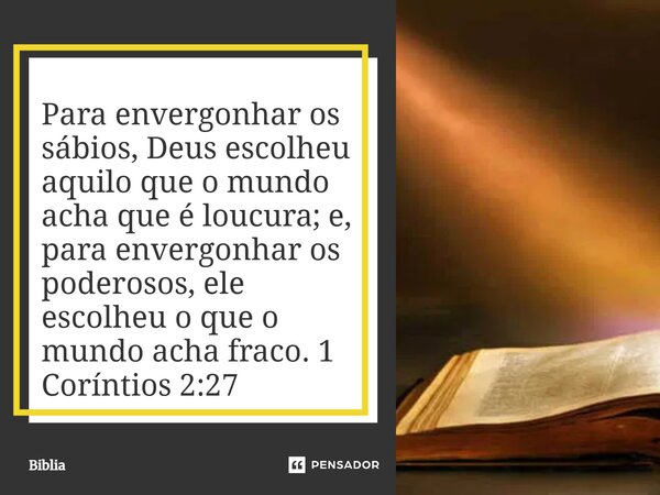 ⁠Para envergonhar os sábios, Deus escolheu aquilo que o mundo acha que é loucura; e, para envergonhar os poderosos, ele escolheu o que o mundo acha fraco. 1 Cor... Frase de Bíblia.