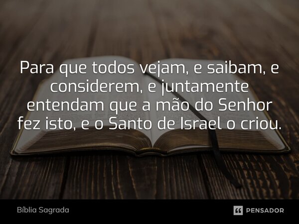 Para que todos vejam, e saibam, e considerem, e juntamente entendam que a mão do Senhor fez isto, e o Santo de Israel o criou.... Frase de Bíblia Sagrada.