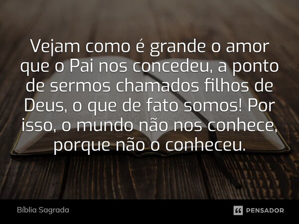 Vejam como é grande o amor que o Pai nos concedeu, a ponto de sermos chamados filhos de Deus, o que de fato somos! Por isso, o mundo não nos conhece, porque não... Frase de Bíblia Sagrada.