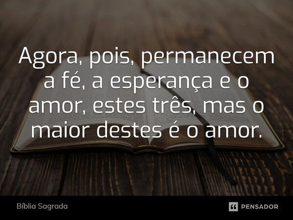 Agora, pois, permanecem a fé, a esperança e o amor, estes três, mas o maior destes é o amor.... Frase de Bíblia Sagrada.