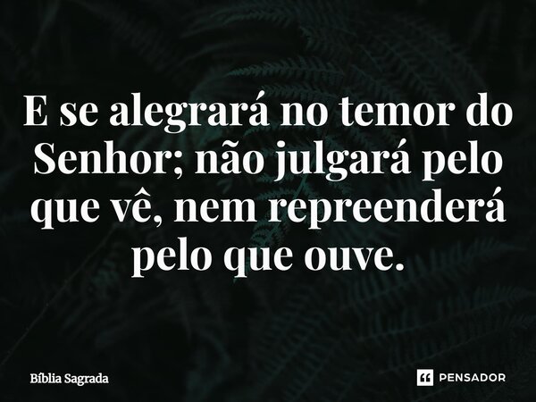 ⁠E se alegrará no temor do Senhor; não julgará pelo que vê, nem repreenderá pelo que ouve.... Frase de Bíblia Sagrada.