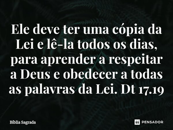 ⁠Ele deve ter uma cópia da Lei e lê-la todos os dias, para aprender a respeitar a Deus e obedecer a todas as palavras da Lei. Dt 17.19... Frase de Bíblia Sagrada.