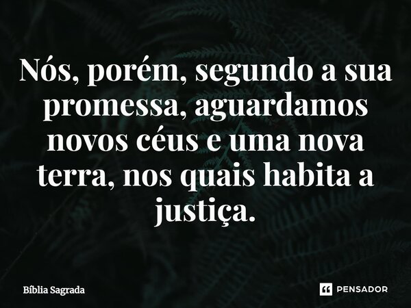 Nós, porém, segundo a sua promessa, aguardamos novos céus e uma nova terra, nos quais habita a justiça.... Frase de Bíblia Sagrada.