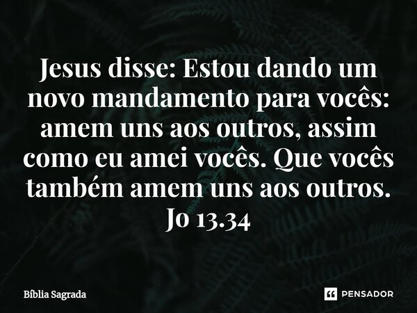 ⁠Jesus disse: Estou dando um novo mandamento para vocês: amem uns aos outros, assim como eu amei vocês. Que vocês também amem uns aos outros. Jo 13.34... Frase de Bíblia Sagrada.