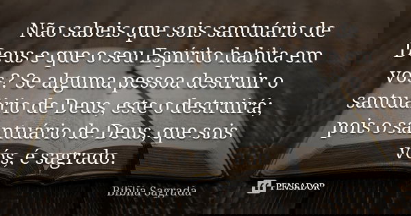 Não sabeis que sois santuário de Deus e que o seu Espírito habita em vós? Se alguma pessoa destruir o santuário de Deus, este o destruirá; pois o santuário de D... Frase de BIBLIA SAGRADA.