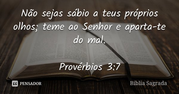 Não sejas sábio a teus próprios olhos; teme ao Senhor e aparta-te do mal. Provérbios 3:7... Frase de Bíblia Sagrada.