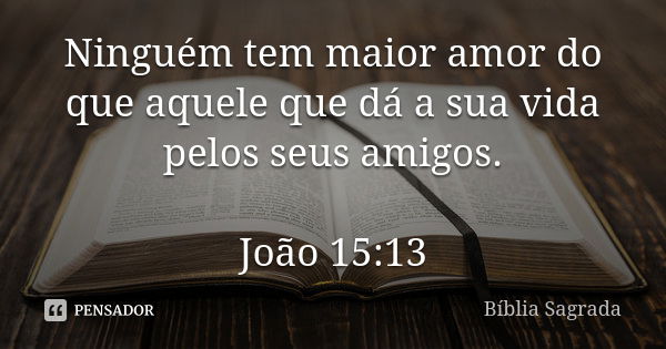 Ninguém tem maior amor do que aquele que dá a sua vida pelos seus amigos. João 15:13... Frase de Bíblia Sagrada.