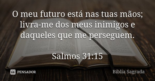 O meu futuro está nas tuas mãos; livra-me dos meus inimigos e daqueles que me perseguem. Salmos 31:15... Frase de Bíblia Sagrada.