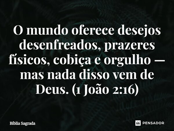 ⁠O mundo oferece desejos desenfreados, prazeres físicos, cobiça e orgulho — mas nada disso vem de Deus. (1 João 2:16)... Frase de Bíblia Sagrada.