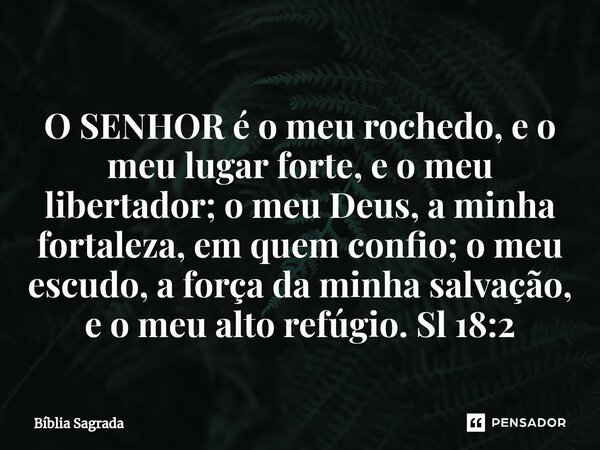 ⁠O SENHOR é o meu rochedo, e o meu lugar forte, e o meu libertador; o meu Deus, a minha fortaleza, em quem confio; o meu escudo, a força da minha salvação, e o ... Frase de Bíblia Sagrada.