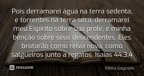 Pois derramarei água na terra sedenta, e torrentes na terra seca; derramarei meu Espírito sobre sua prole, e minha bênção sobre seus descendentes. Eles brotarão... Frase de Bíblia Sagrada.