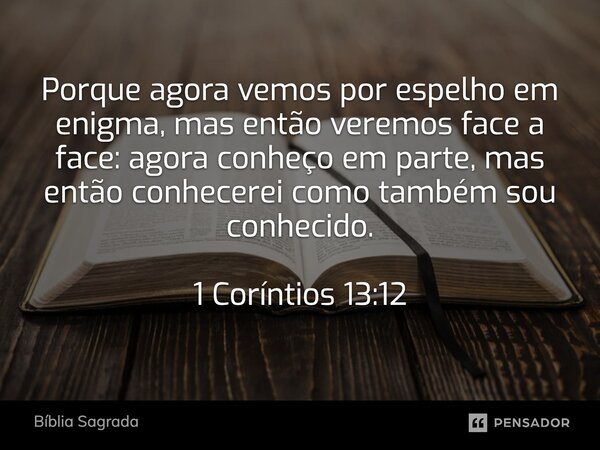 Porque agora vemos por espelho em enigma, mas então veremos face a face: agora conheço em parte, mas então conhecerei como também sou conhecido. 1 Coríntios 13:... Frase de Bíblia Sagrada.