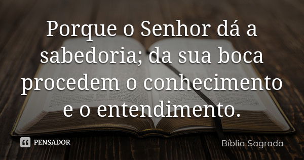 Porque o Senhor dá a sabedoria; da sua boca procedem o conhecimento e o entendimento.... Frase de Bíblia Sagrada.