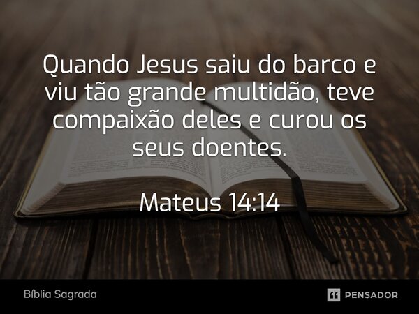 Quando Jesus saiu do barco e viu tão grande multidão, teve compaixão deles e curou os seus doentes. Mateus 14:14... Frase de Bíblia Sagrada.