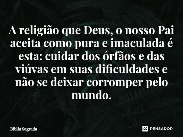 A religião que Deus, o nosso Pai aceita como pura e imaculada é esta: cuidar dos órfãos e das viúvas em suas dificuldades e não se deixar corromper pelo mundo.... Frase de Bíblia Sagrada.