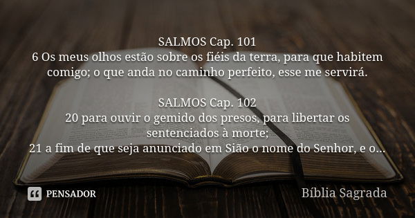 SALMOS Cap. 101 6 Os meus olhos estão sobre os fiéis da terra, para que habitem comigo; o que anda no caminho perfeito, esse me servirá. SALMOS Cap. 102 20 para... Frase de Bíblia Sagrada.