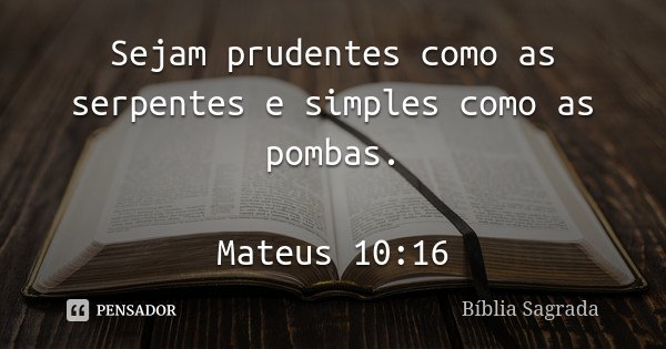 Sejam prudentes como as serpentes e simples como as pombas. Mateus 10:16... Frase de Bíblia Sagrada.