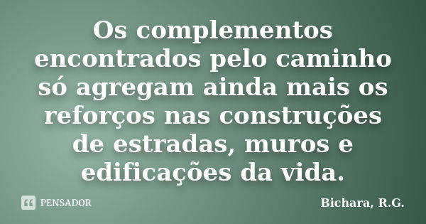 Os complementos encontrados pelo caminho só agregam ainda mais os reforços nas construções de estradas, muros e edificações da vida.... Frase de Bichara, R.G..