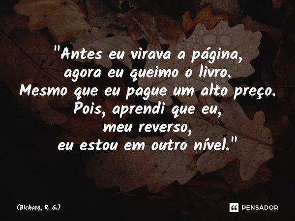 ⁠"Antes eu virava a página, agora eu queimo o livro. Mesmo que eu pague um alto preço. Pois, aprendi que eu, meu reverso, eu estou em outro nível."... Frase de Bichara, R. G..