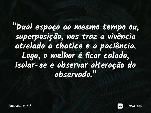 ⁠⁠"Dual espaço ao mesmo tempo ou, superposição, nos traz a vivência atrelado a chatice e a paciência. Logo, o melhor é ficar calado, isolar-se e observar a... Frase de Bichara, R. G..