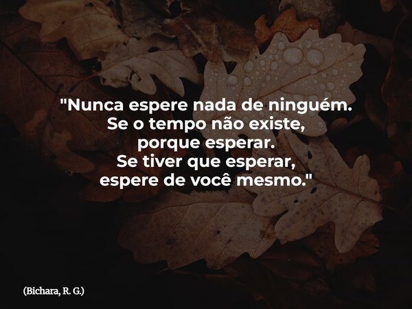 "Nunca espere nada de ninguém. Se o tempo não existe, porque esperar. Se tiver que esperar, espere de você mesmo."... Frase de Bichara, R. G..