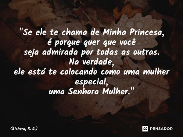 ⁠"Se ele te chama de Minha Princesa, é porque quer que você seja admirada por todas as outras. Na verdade, ele está te colocando como uma mulher especial, ... Frase de Bichara, R. G..