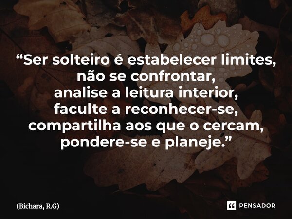 ⁠“Ser solteiro é estabelecer limites, não se confrontar, analise a leitura interior, faculte a reconhecer-se, compartilha aos que o cercam, pondere-se e planeje... Frase de Bichara, R.G.