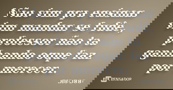 Não vim pra ensinar vim mandar se fudê, professor não ta ganhando oque faz por merecer.... Frase de BIG DOG.