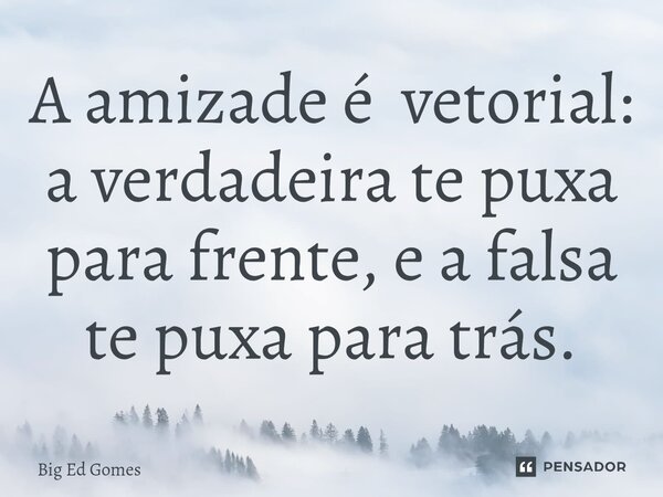 ⁠A amizade é vetorial: a verdadeira te puxa para frente, e a falsa te puxa para trás.... Frase de Big Ed Gomes.