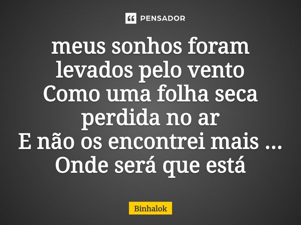 ⁠meus sonhos foram levados pelo vento Como uma folha seca perdida no ar E não os encontrei mais ... Onde será que está... Frase de Binhalok.