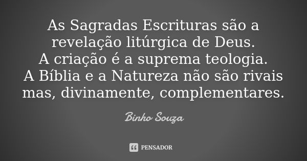 As Sagradas Escrituras são a revelação litúrgica de Deus. A criação é a suprema teologia. A Bíblia e a Natureza não são rivais mas, divinamente, complementares.... Frase de Binho Souza.