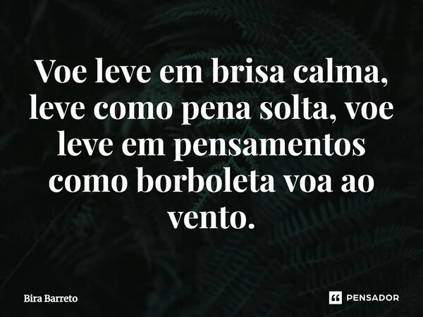 ⁠Voe leve em brisa calma, leve como pena solta, voe leve em pensamentos como borboleta voa ao vento.... Frase de Bira Barreto.