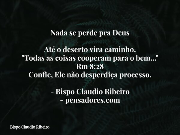 Nada se perde pra Deus Até o deserto vira caminho. "Todas as coisas cooperam para o bem..." Rm 8:28 Confie, Ele não desperdiça processo. - Bispo Claud... Frase de Bispo Claudio Ribeiro.