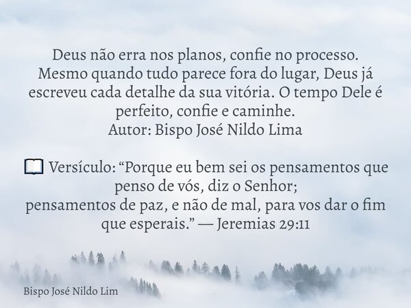 Deus não erra nos planos, confie no processo. Mesmo quando tudo parece fora do lugar, Deus já escreveu cada detalhe da sua vitória. O tempo Dele é perfeito, con... Frase de Bispo José Nildo Lim.