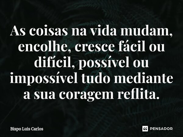 ⁠As coisas na vida mudam, encolhe, cresce fácil ou difícil, possível ou impossível tudo mediante a sua coragem reflita.... Frase de Bispo Luis Carlos.