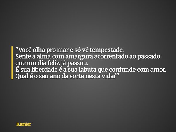 "Você olha pro mar e só vê tempestade. Sente a alma com amargura acorrentado ao passado que um dia feliz já passou. E sua liberdade é a sua labuta que conf... Frase de B.Junior.