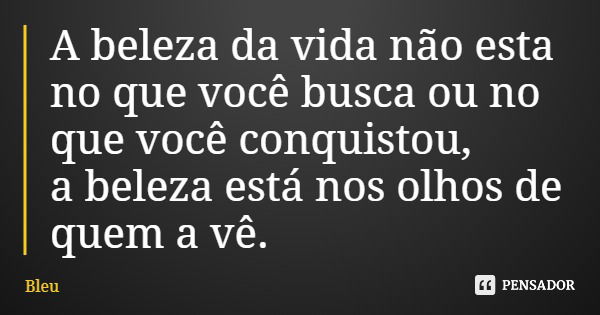 A beleza da vida não esta no que você busca ou no que você conquistou, a beleza está nos olhos de quem a vê.... Frase de Bleu.