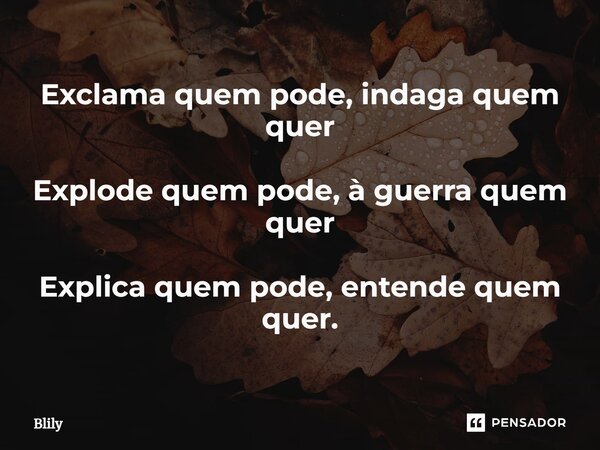 ⁠Exclama quem pode, indaga quem quer Explode quem pode, à guerra quem quer Explica quem pode, entende quem quer.... Frase de Blily.