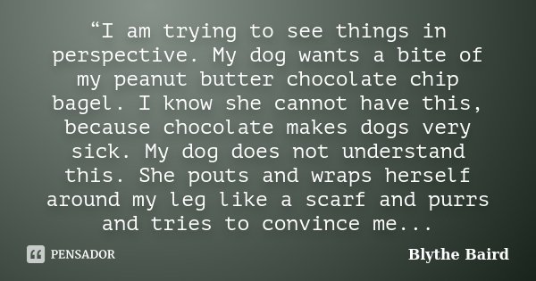 “I am trying to see things in perspective. My dog wants a bite of my peanut butter chocolate chip bagel. I know she cannot have this, because chocolate makes do... Frase de Blythe Baird.