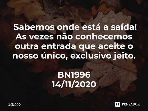 ⁠⁠ Sabemos onde está a saída!
As vezes não conhecemos outra entrada que aceite o nosso único, exclusivo jeito. BN1996
14/11/2020... Frase de BN1996.