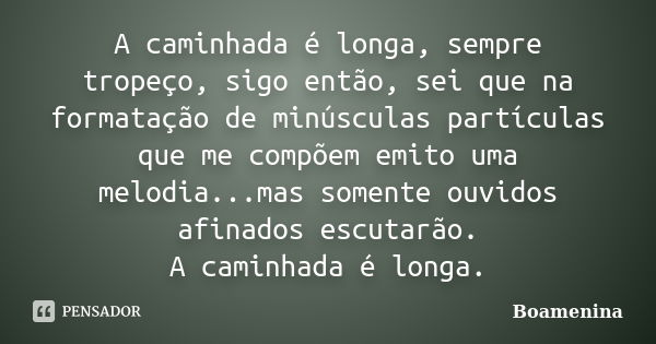 A caminhada é longa, sempre tropeço, sigo então, sei que na formatação de minúsculas partículas que me compõem emito uma melodia...mas somente ouvidos afinados ... Frase de Boamenina.