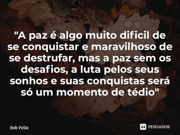 ⁠"A paz é algo muito difícil de se conquistar e maravilhoso de se desfrutar, mas a paz sem os desafios, a luta pelos seus sonhos e suas conquistas será só ... Frase de Bob Felix.