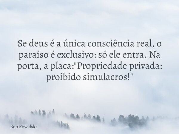 Se deus é a única consciência real, o paraíso é exclusivo: só ele entra. Na porta, a placa: "Propriedade privada: proibido simulacros!"... Frase de Bob Kowalski.