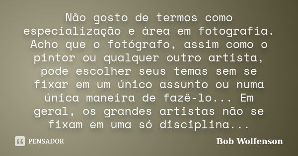 Não gosto de termos como especialização e área em fotografia. Acho que o fotógrafo, assim como o pintor ou qualquer outro artista, pode escolher seus temas sem ... Frase de Bob Wolfenson.