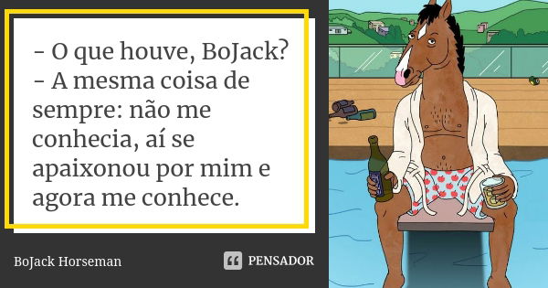 - O que houve, BoJack? - A mesma coisa de sempre: não me conhecia, aí se apaixonou por mim e agora me conhece.... Frase de BoJack Horseman.